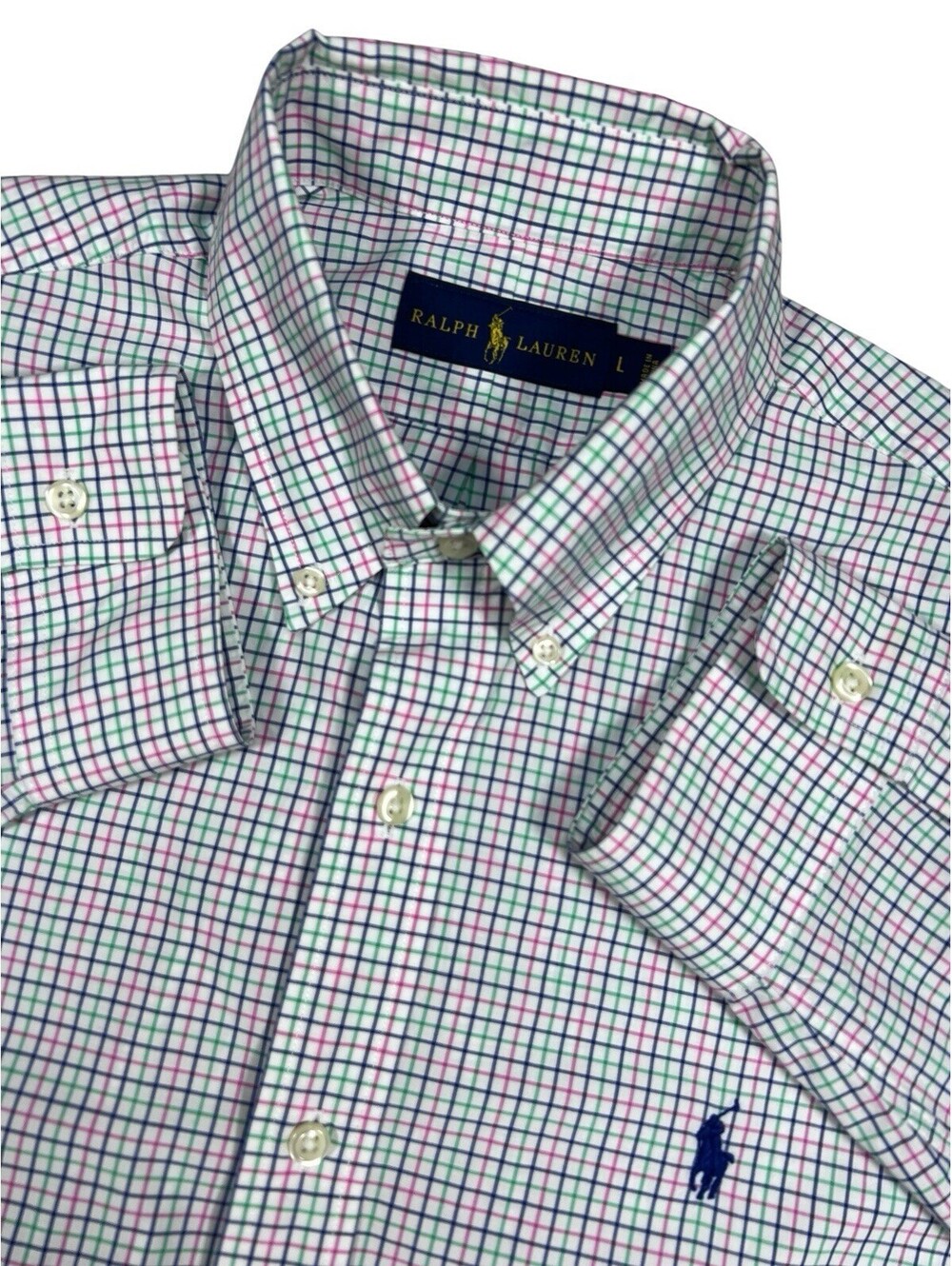 Ralph Lauren Button Down Shirt Mens Large White Pink blue checker Preppy clean